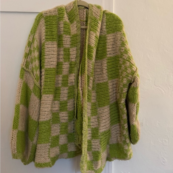 Free People Sweaters - Free People Lime Green and Cream Checkered Cardigan